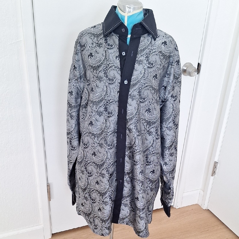 Jean Louis Black and Gray Paisley Button-Up Shirt